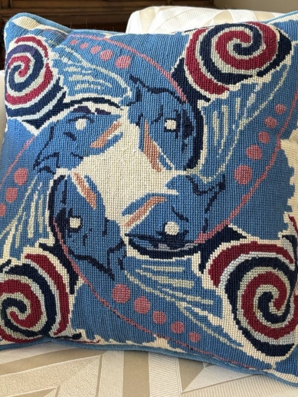 Beautiful Pisces Fish Shark Needlepoint Pillow Blue 14'x14' Excellent Condition!